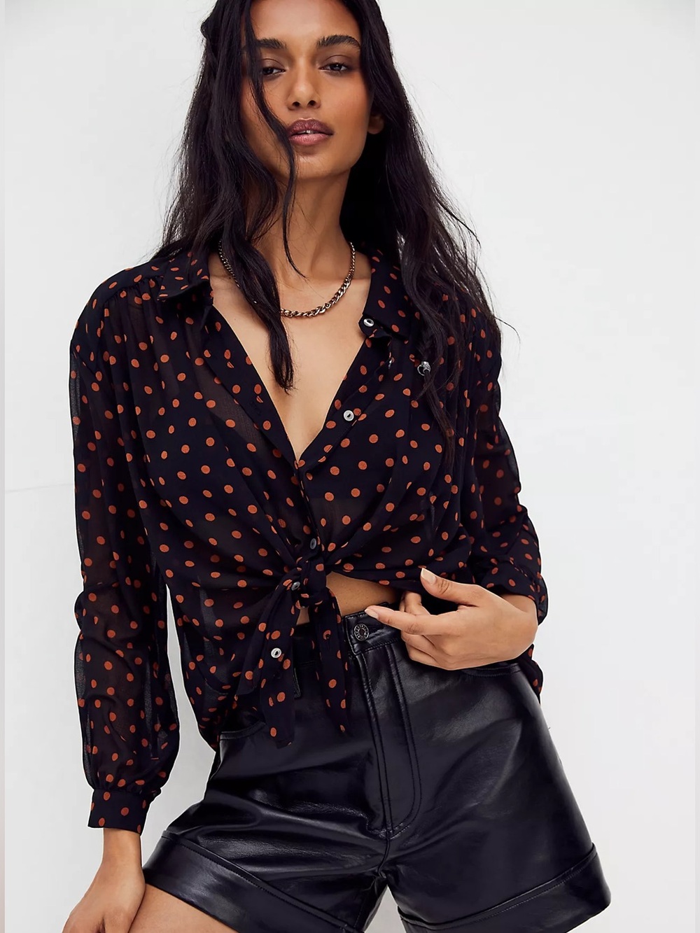 Free People Ciara Printed Button Down Polka Dot Black Orange Combo Top EUC Sz XS